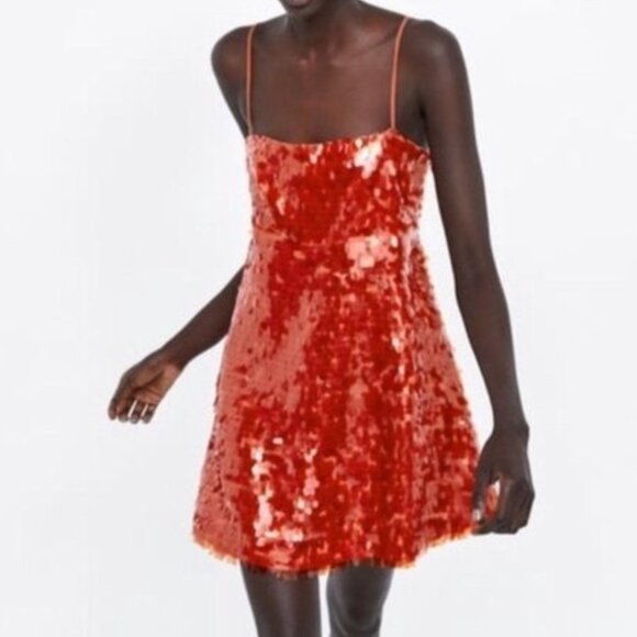ZARA Shimmering Orange Sequin Mini Dress Size Med Strappy Party - Picture 1 of 13